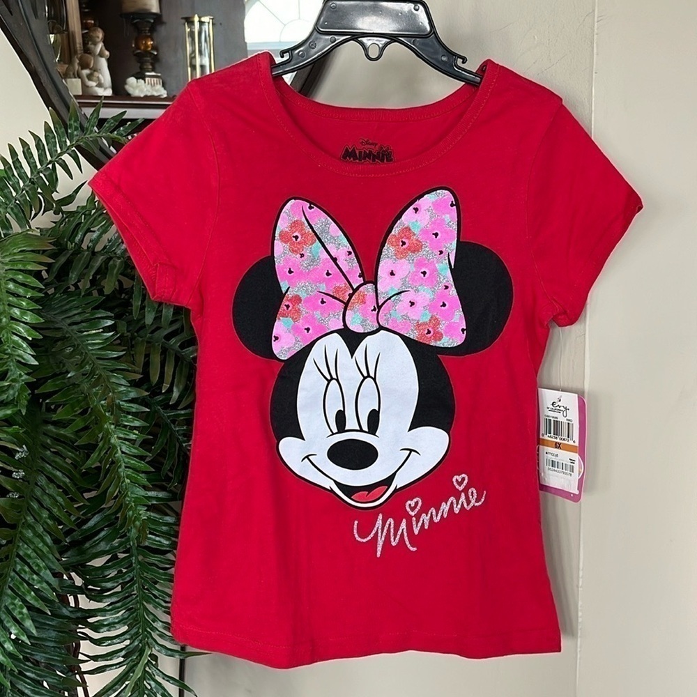 Brand New Disney Minnie Mouse Short Sleeve Top Red Shirt Sparkly Floral Bow